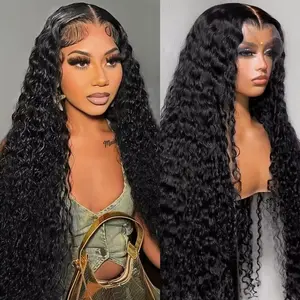 [$69.9=100 human hair]Deep Wave Lace Front Wigs Human Hair 13x4 HD Transparent Lace Frontal Curly Wigs for Women 180% Density Wigs Human Hair Pre Plucked with Baby Hair