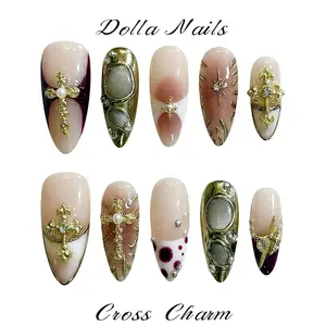 100% Handmade 3D Almond Press-On Nails, Reusable Fake Nails with Gold Cross & Pearl Design, Salon-Quality Manicure for Gothic & Luxury Daily Wear
