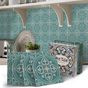 12/24 PCS/Box ART PE Crystal Tile Stickers Teal Vintage Pattern Waterproof Oil-Proof Home Decor for Kitchen Bathroom Floor Ceiling Tiles Old Wooden Boards