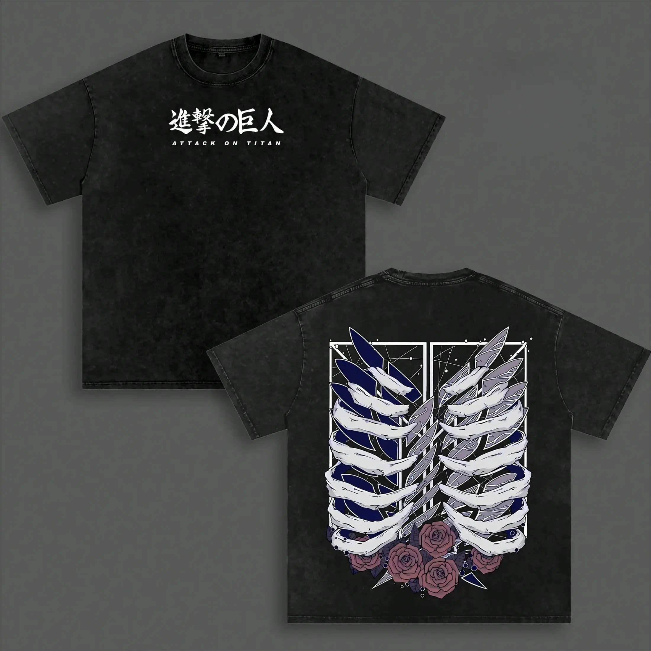 Retro Loose Vintage Wash Cotton Short Sleeve Top Attack On Titan Wings Of Freedom Floral Skeleton Back Print Japanese Letter Front Graphic Tee Adult Anime Otaku Casual School Street Hip Hop Fashion Apparel