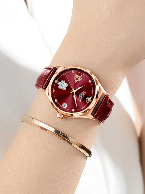 Kassaw Women's Mechanical Watch, Elegant Vintage Style, Wine Dial, Butterfly Flower Decoration, Rhinestone Design, Leather Strap