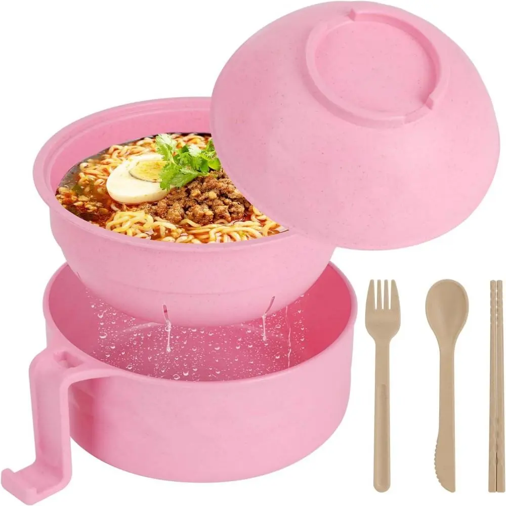 Multi-Scenario Wheat Straw Noodle Bowl Set, Microwave Safe Double Handle Bowl with Spoon Fork Chopsticks Combination(Top bowl-Pink）