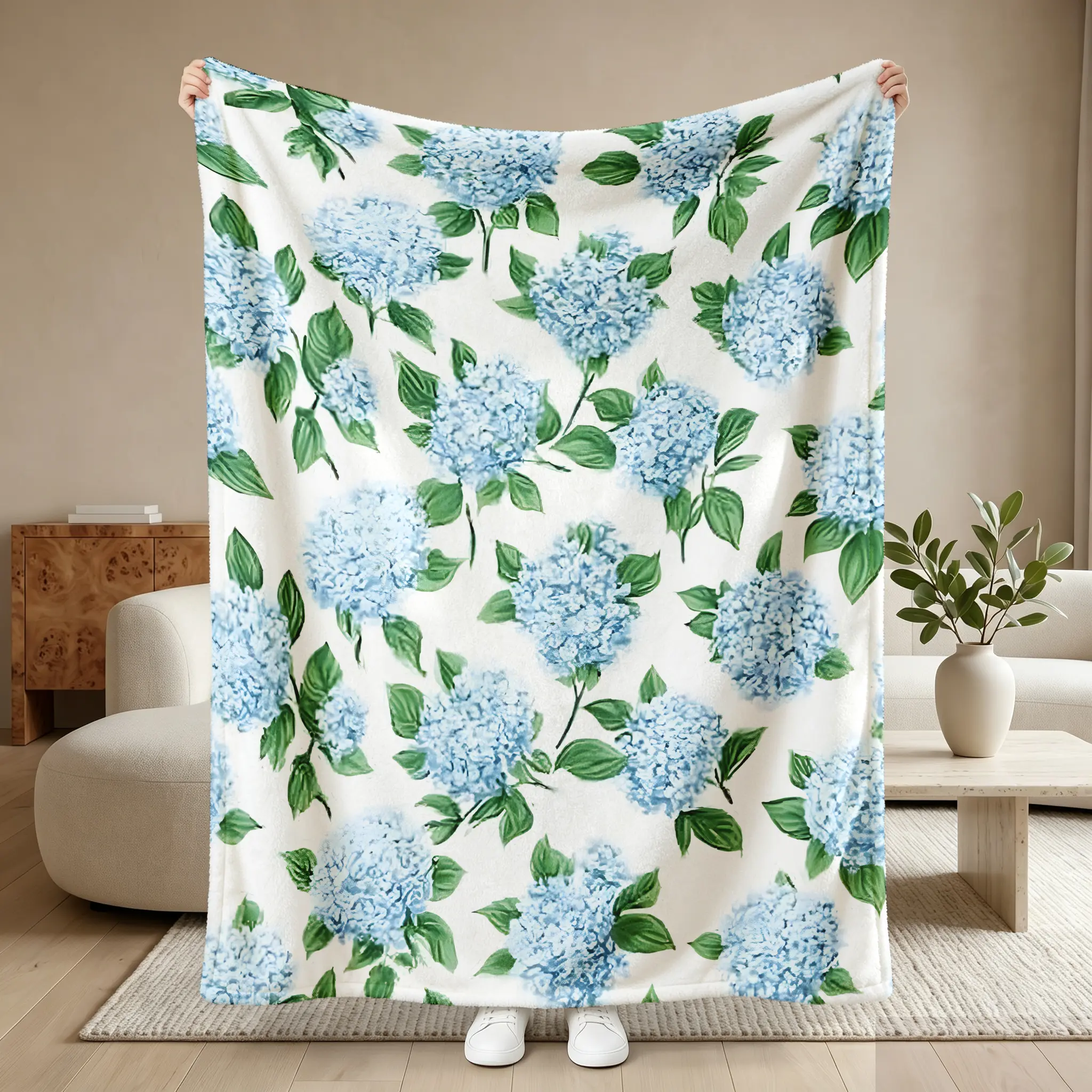 Cozy Blue Hydrangea Graphic Throw Blanket - Soft, Warm Coastal Grandmother Aesthetic Blanket for Bed, Couch, Ideal Gift, Graphic Blankets