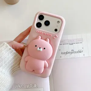 Cute Cartoon Rabbit Soft Silicone Protective Phone Case Cover for iPhone 13 14 15 16 Pro Max Plus and 17 Pro Max with Extendable Stand