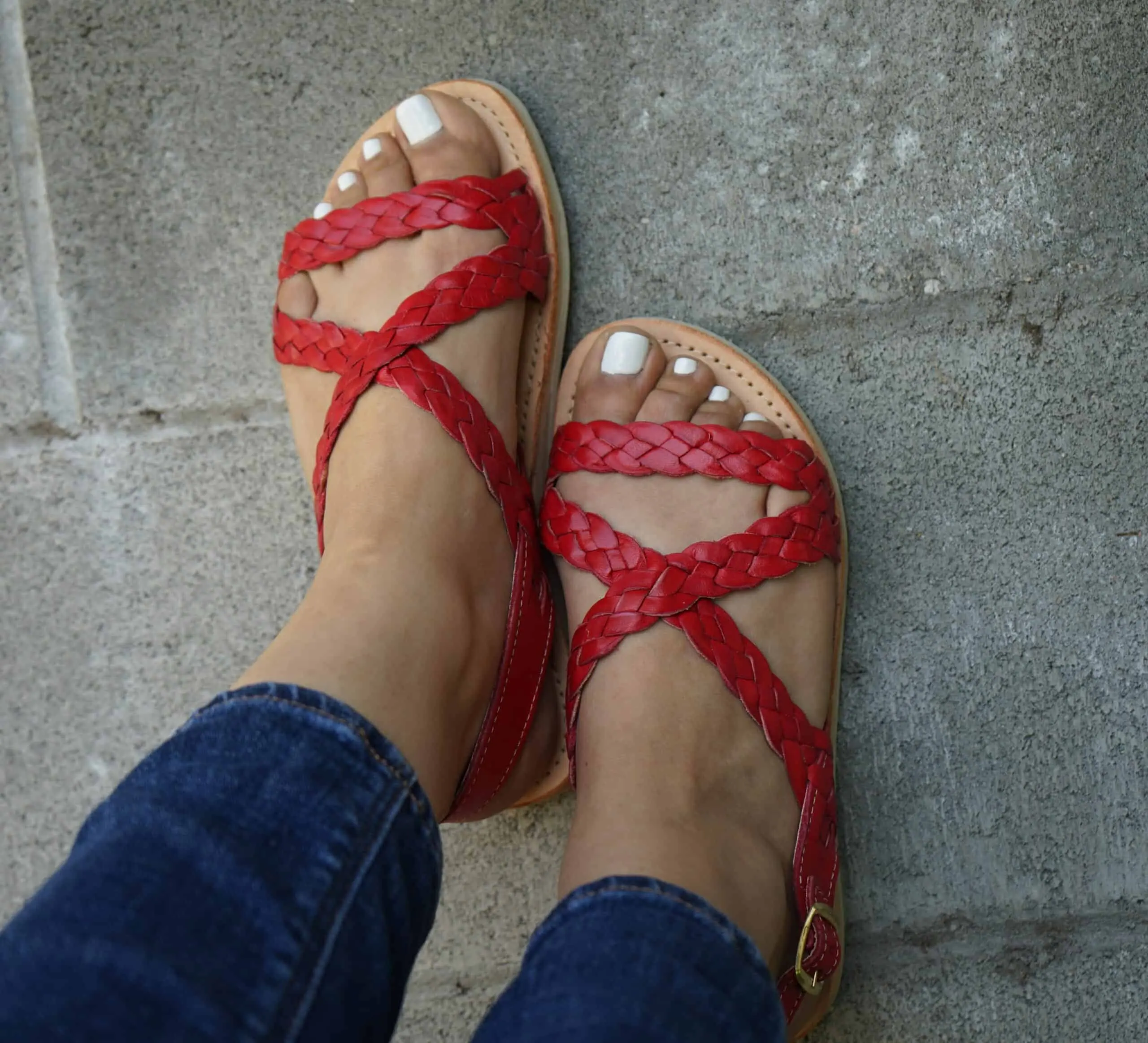 Trensita Huarache Red Handmade Open Toe Sandals in Real Leather - Wedge Heel for Women