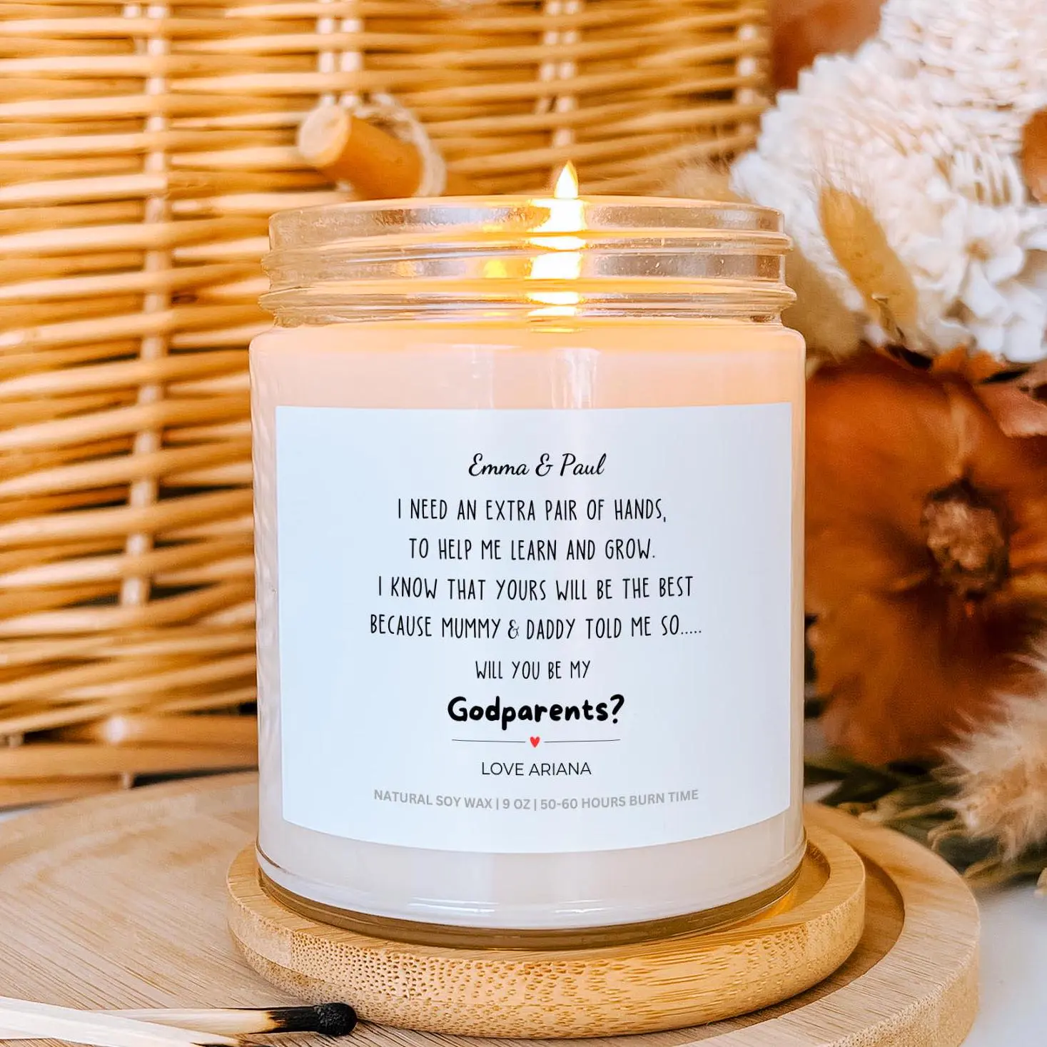 Personalized Will you be my Godmother Godfather Godparent Proposal Christening Baptism Gift Scented Candle Custom Message Candle Keepsake