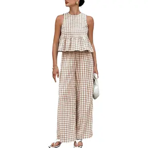 2 Piece Outfits Sets Gingham Plaid Sleeveless Ruffle Tank Tops and Wide Leg Pants Summer Matching Lounge Sets