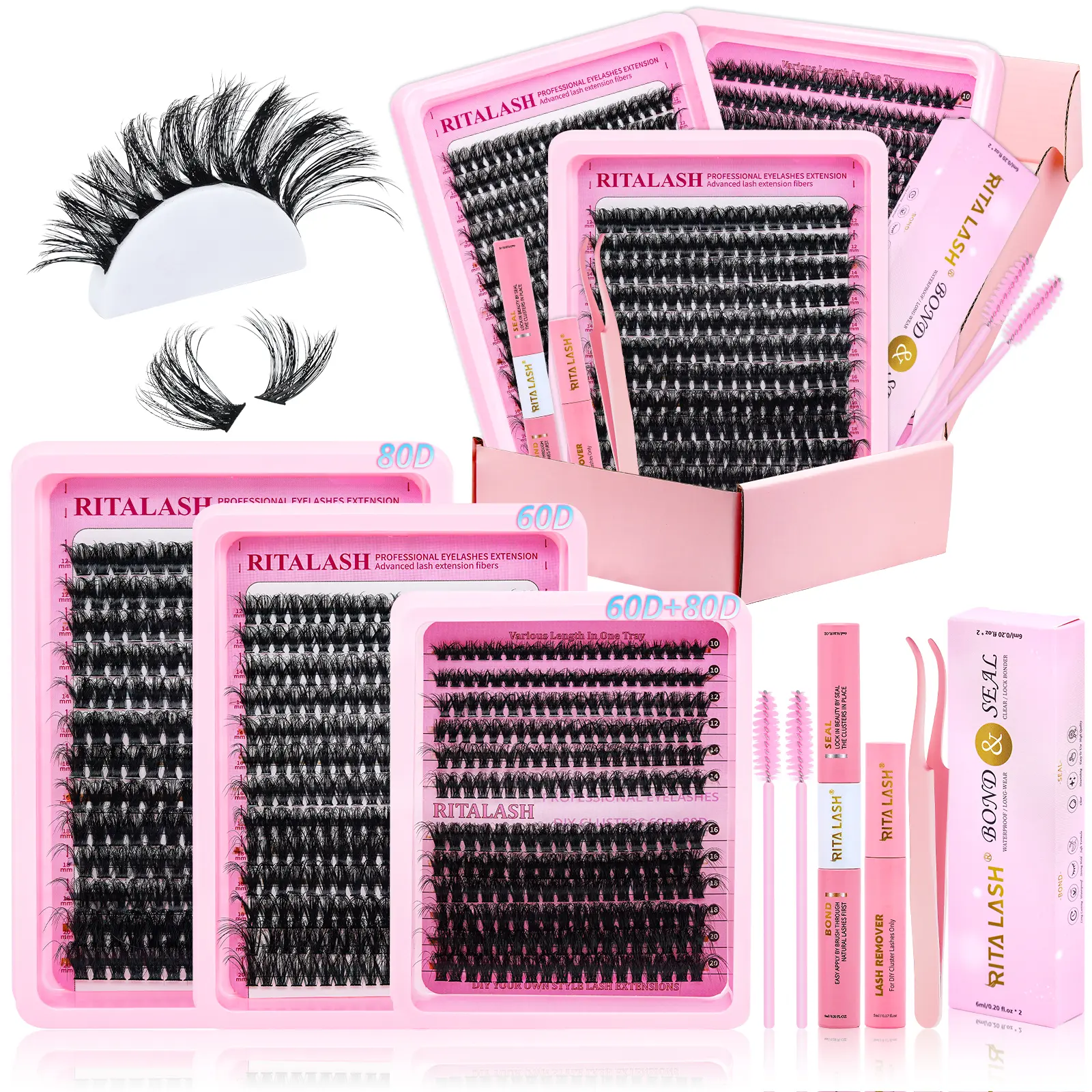RITALASH 710pcs Lash Clusters Kit with Bond&Seal 3 Styles Clusters Lashes Extension Volume Soft Eyelash Extension Kit 60D+80D D Curl Wispy Natural DIY Individual Lash Clusters Kit Box for Beginners