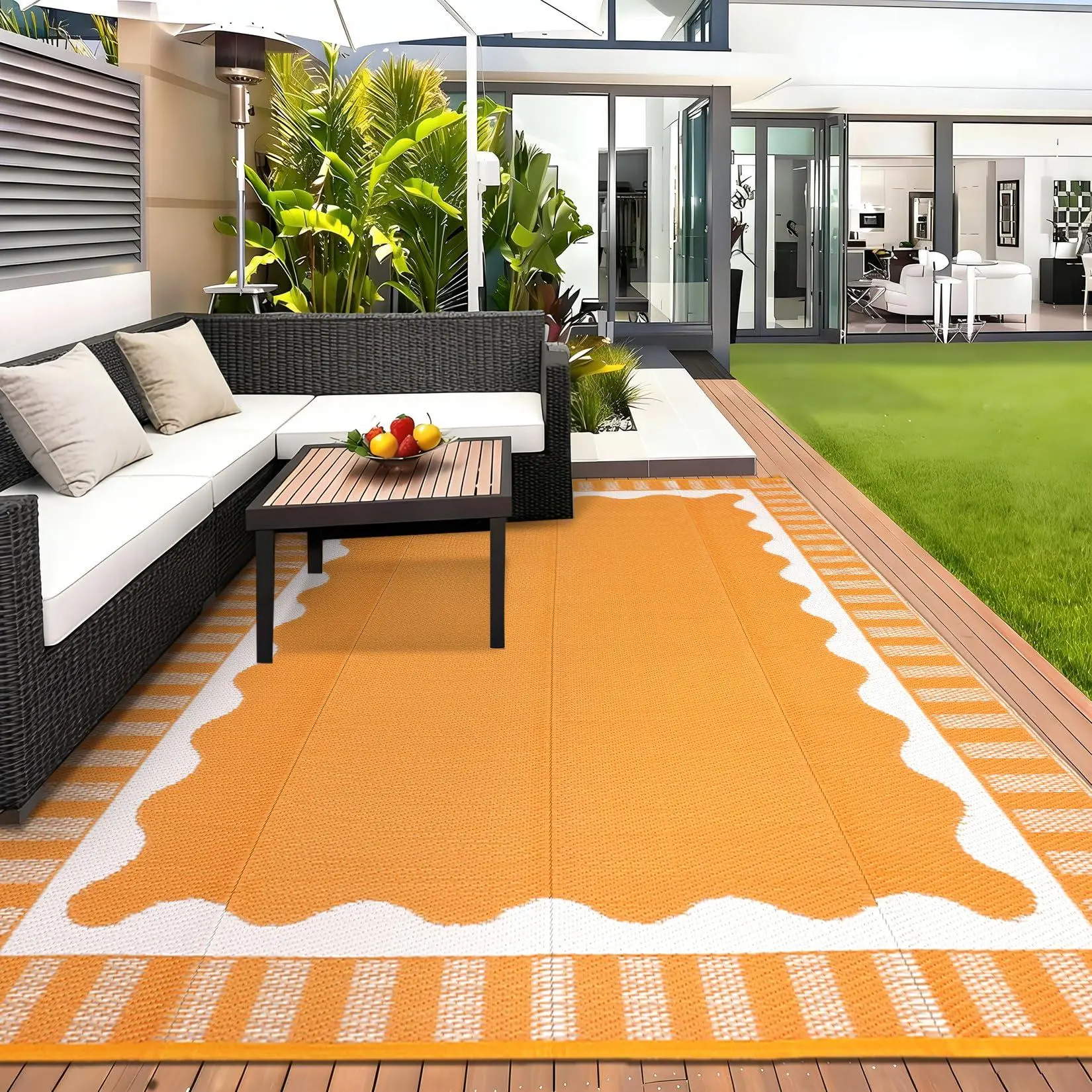 8x10 Waterproof Reversible Polypropylene Outdoor Patio Rug - Orange and White, Modern Neutral Plastic Straw, Lightweight Foldable with Portable Bag for Deck, Camping, Beach
