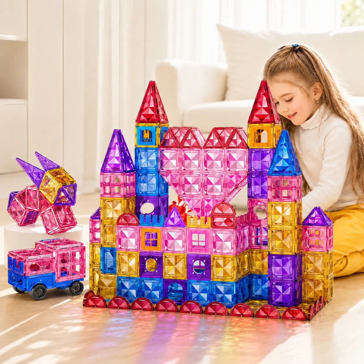 52-piece children's magnetic building blocks STEM set—compact, lightweight magnetic construction toy suitable for toddlers aged 3–5 and school-aged children ages 4–8, portable travel kit that allows building three-dimensional shapes using educational