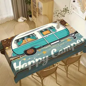 1 classic blue brown tablecloth with white wood grain and car design, perfect for family gatherings and parties, suitable for home, kitchen, dining areas, and indoor and outdoor celebrations