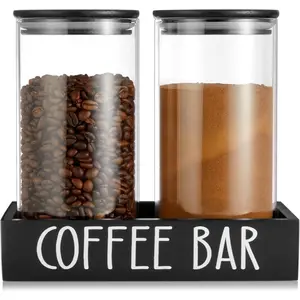 Glass Coffee Canister for Ground Coffee - 2 count 45oz Coffee and Sugar Container Set with Airtight  Lids and Black Tray - Farmhouse Coffee Bean Storage Jars for Coffee Bar Decor and Accessories
