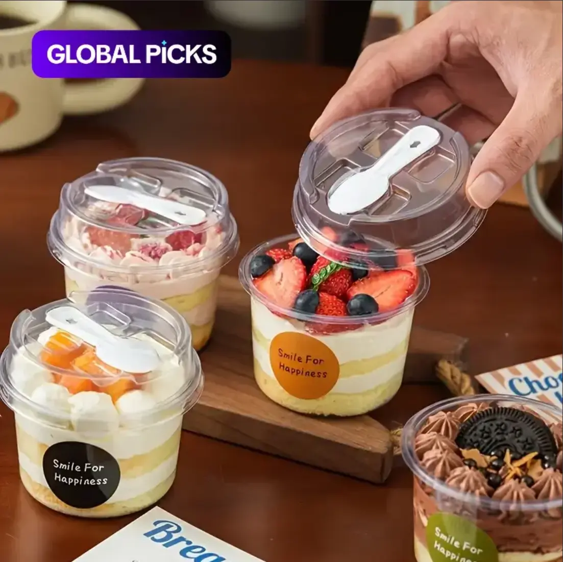 50 Sets Round Transparent Plastic Lidded Packaging Boxes with Spoons, Ideal for Cookies, Fruit Ice Cream, Mousse Cake and Yogurt Cups