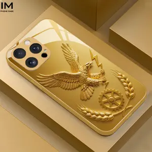 2D Golden Eagle Lightning Badge Metal Painted Tempered Glass Case for iPhone 17/16/15/14/13/12/11/XS/XR/x/pro Plus Pro Max, Fashionable Design