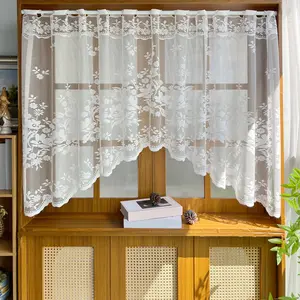 White Lace Arched Sheer Curtain Floral Embroidered Swag Curtain Valance Tier for Doorway Kitchen Bathroom Window, Rod Pocket Top 1 Panel