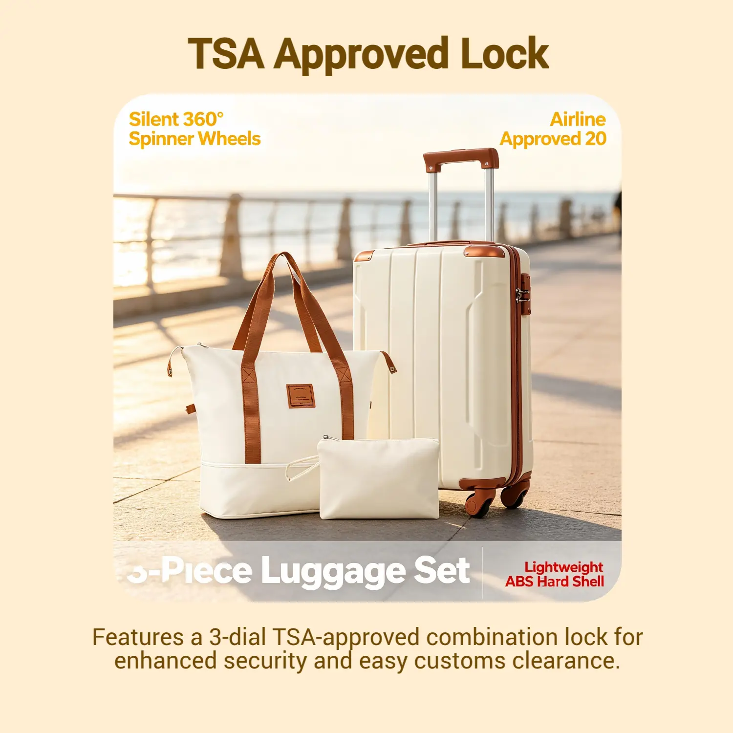 3-Piece Lightweight White Brown ABS Hardshell Luggage Set - 20-Inch Airline Approved Carry On, 4 Wheels 360 Rotation Silent Spinner, 13.6x8.3x21.5 Inches, Weekender Travel Set, Pull Handle, Zipper, Combination Lock, Model 754O