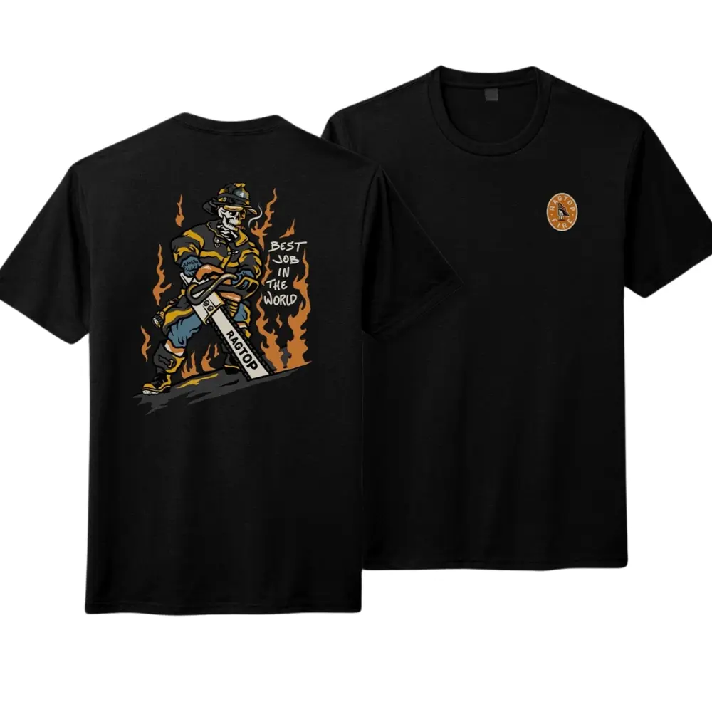 Men's Firefighter Chainsaw Hero Short-Sleeve Round Neck Casual T-Shirt - Soft Cotton Blend, Firefighting Action & Flames Graphic, Ragtop Fire Co. Tribute, All Seasons, Classic Fit, Machine Washable, Dry Clean, Normal Type, Reinforced Seams, True-To-Size,,