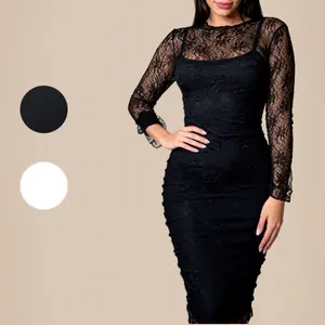 ChicCurve High Standards Dress Elegant Black Lace Dress with Sheer Long Sleeves Formal Fit Summer Outfits White Dress Women's Clothing Premium Lace Fabric Flattering Fit Delicate Lace Detailing Versatile Design for Evening & Cocktail Parties - Feminine
