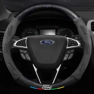 37.5cm Round Car Steering Wheel Cover, Carbon Fiber PU Leather, Non-Slip Case, for Ford Mondeo, Focus, Raptor, Puma, Edge, Explorer, Ecosport, Ranger, F150, Kuga