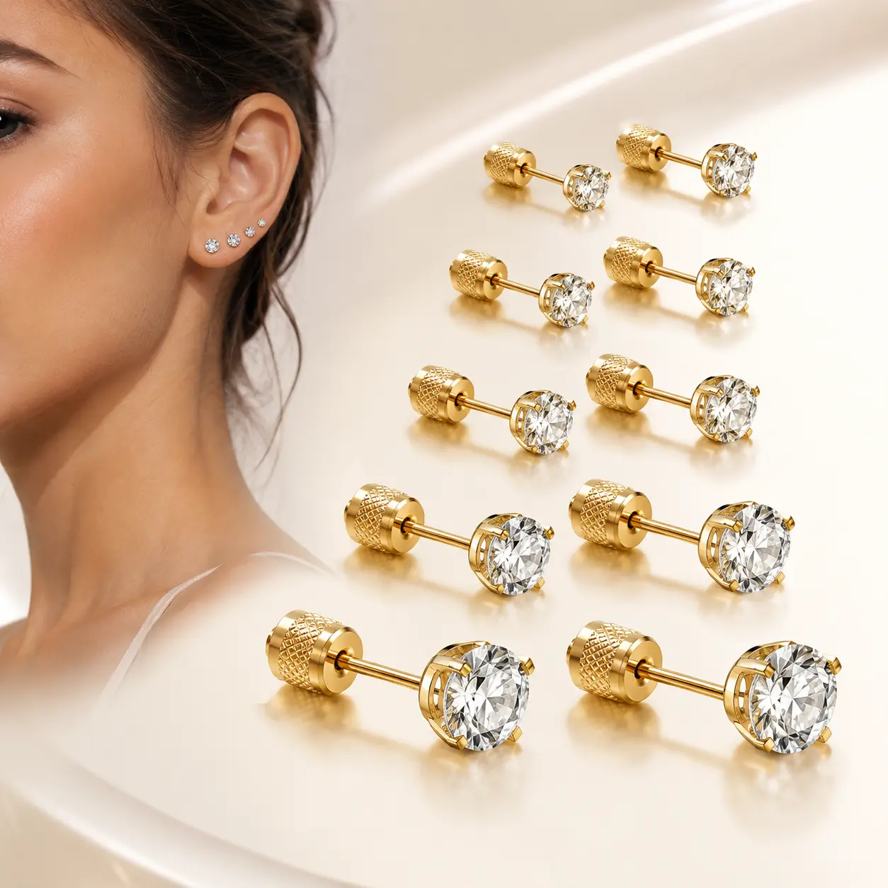 5 Pairs Screw Back Stud Earrings,14k Gold Plated Hypoallergenic Stainless Steel Cubic Zirconia Double Sided Ear Ringing for Women Men Cartilage Tragus Earring 2-6mm
