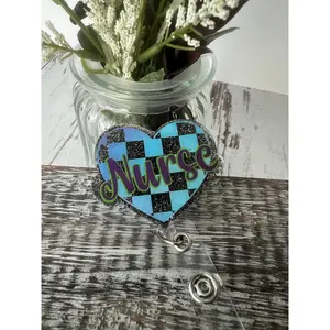 Checkered Heart Nurse Name Badge Reel