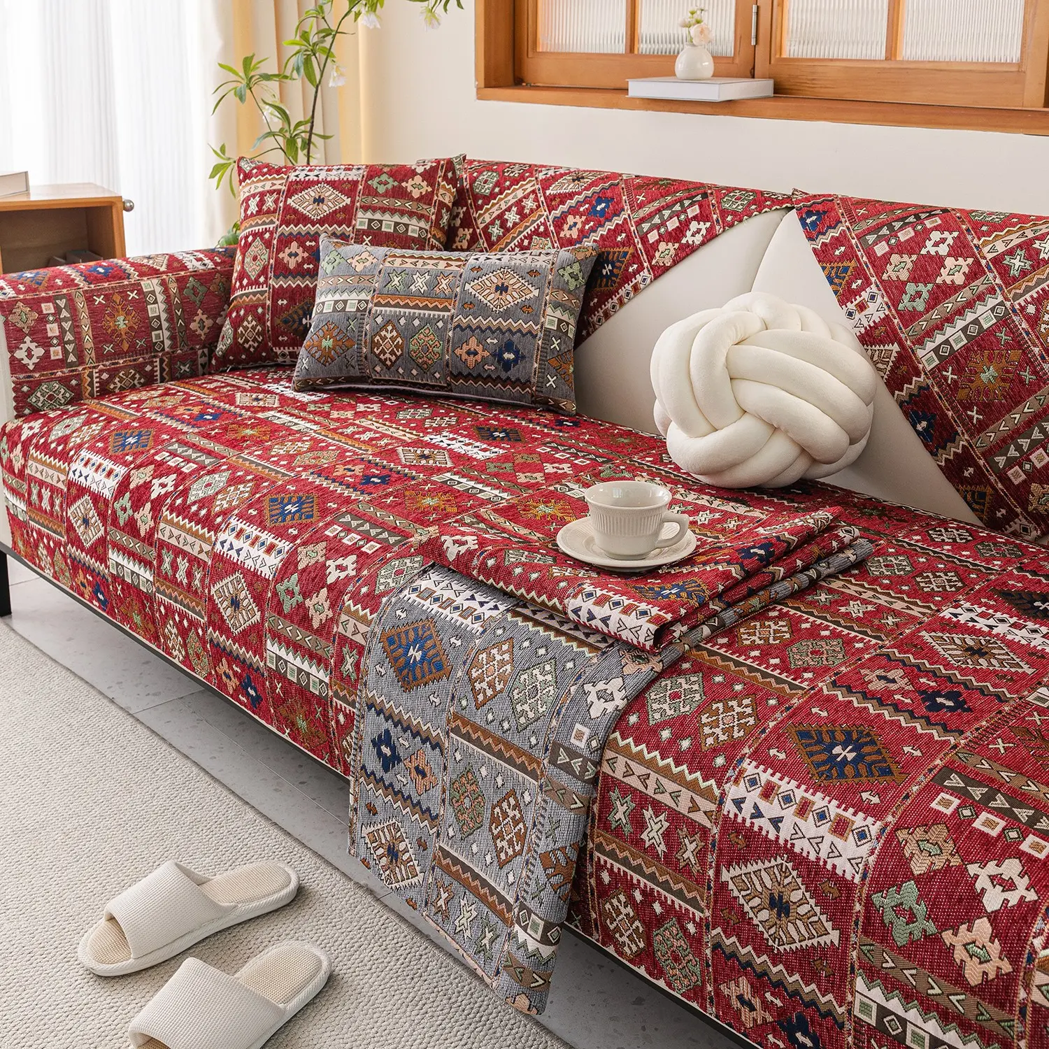 1pc Vintage Bohemian Woven Indoor Sofa Cushions, Multi-Pattern Fashionable, Pet-Friendly Non-Slip, All Seasons Use, Fits 1-4 Seater, Sofa Slipcover