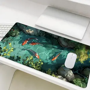 Garden Koi Fish Pond Landscape Mouse Pad, Rectangle Gaming Mouse Pad, Non-Slip Rubber Base Stitched Edge Desk Pad for Home Office Cute Desk Accessories