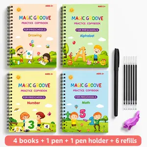 Kids Magic Groove Reusable Handwriting Workbook Set - 4PCS Magic Copybook with Pen & Refills, Montessori Tracing Tool, Ages 3-8 Fine Motor Skills Activity, Back to School Shopping School Supplies Haul