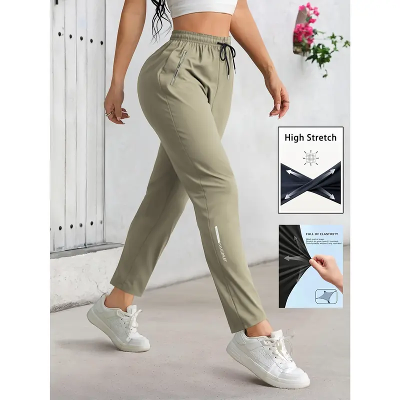 Women's High Stretch Full-Length Jogger Pants, Drawstring Waist with Zippered Pockets, Fashion Solid Color Trousers for Yoga & Fitness Activities | SummerVibes