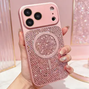 Luxury Shiny Reflective Diamond Magnetic Case For iPhone 17 16 15 14 Pro Max For Magsafe Wireless Charging Large Camera Cover