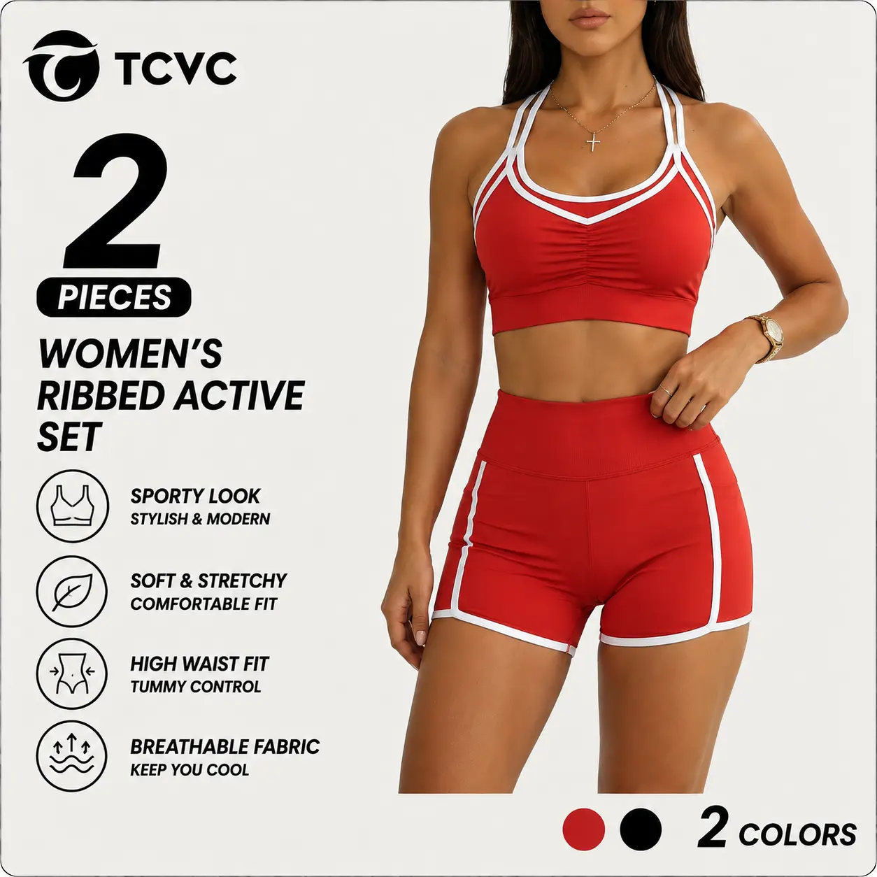 TCVC Women's 2 Piece Ribbed Workout Set, V Neck Sports Bra & High Waisted Biker Shorts, Seamless Stretch Gym Yoga Activewear Tummy Control Matching Set