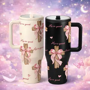 1 Pc 40oz insulated mug with handle, keeps hot 12 hours cold 24 hours, faith cross aesthetic Drinkware tumbler for women who choose grace over chaos, soft pink bow design, Christian gift for her, healing vibe thermal mug, birthday holiday present