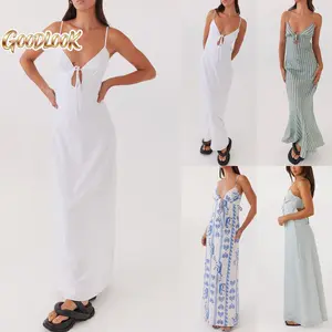 Women’s Summer Long Dress Sleeveless Spaghetti Strap Tie-up Front Loose Dress Back Cutout Dress