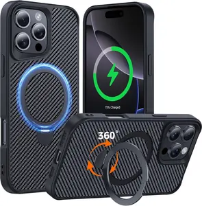 Designed for iPhone 16 Pro Max Case with 360° Magnetic Stand, Carbon Fiber Phone Case [Compatible with Magsafe] [15FT Military Protection] with Stand Ring 6.9'', Black