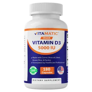 Vitamatic Vegan Vitamin D3 5000 IU | Plant Based Vitamin D from Lichen | Made with Carrot, Beet, Broccoli, Brown Rice & Parsley | 180 Capsules | Non-GMO, Gluten-Free | Made in USA