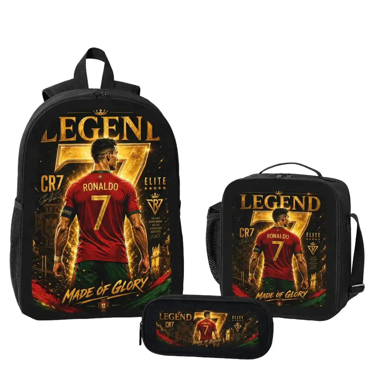 3 Piece Soccer Backpack Set for Boys Girls Teens, No.7 Legend Graphic School Backpack with Insulated Lunch Bag and Pencil Case, 600D Oxford Cloth Bookbag Set with Padded Straps, Side Pockets for School Travel
