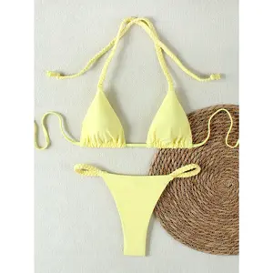 Women's High-Waisted Nylon Solid Color Triangle Bikini Set - Adjustable Straps, Minimalist Design - Bathing Suit for Tropical Vacations, Summer Photo Moments, Bikini Sets
