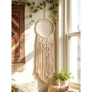 1pc Handmade Bohemian Woven Dream Catcher Wall Hanging Decor, Beige Macrame Dream Catcher, Boho Style Woven Wall Decor, Minimalist Woven Wall Art, Suitable For Bedroom, Living Room, Nursery, Dorm, Apartment, Farmhouse Style Woven Decor, Han