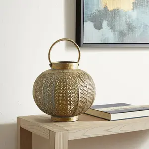 HomeRoots 634854 9 in. Bronze & Green Distressed Lattice Metal Tabletop Lantern Candle Holder