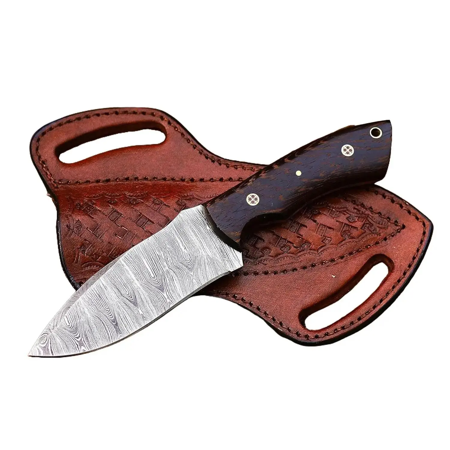 9'' Damascus Steel Fixed Blade Hunting Knife with Non-Slip Wooden Handle, Leather Sheath, Skinning & Camping Functions, Survival Gear Knives