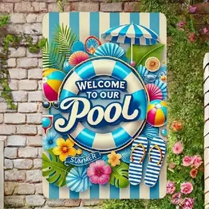 Aluminum Welcome to Our Pool Sign 8x12 Inch Rectangle Design Retro Metal Wall Art Home Decor for Summer Patio Bar Garage Man Cave Rustic Housewarming Gift Vintage Metal Sign