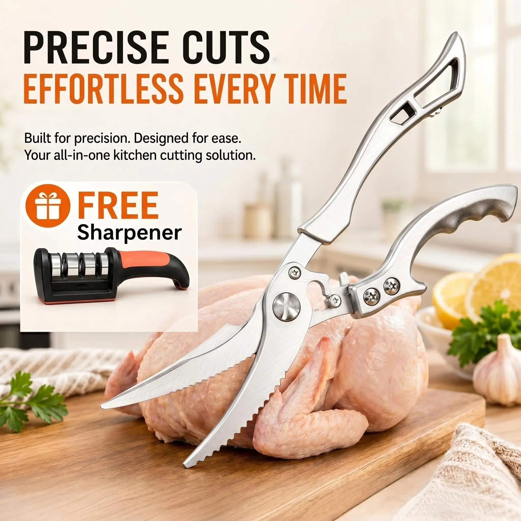 2-Piece Kitchen Shears & Knife Sharpener Set, Heavy-Duty Stainless Steel Food Scissors with Non-Slip Ergonomic Handle and Safety Lock for Meat, Poultry, Fish and Vegetables
