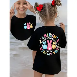 Girls' Fitted Cut Cotton Short-Sleeve T-Shirt - Easter All-Seasons Fashion, Double-Sided Bunny With Glasses & 'CHILLIN' WITH MY PEEPS' Print, Checkered & Lightning Bolt Cartoon Prints, Model NY-DX5246