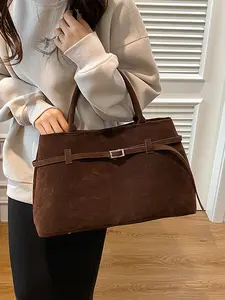 Vintage Suede Handbag Tote Bag Daily Commute Shoulder Bag, Retro Style Plain Pattern, All Seasons Use, Hobo Bag Type, Casual Shoulder Bag
