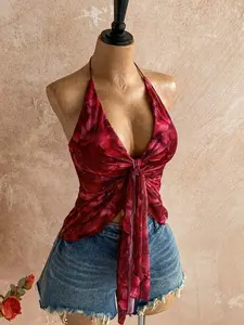 EVO x Soleia Women's Romantic Vacation Sexy Vintage Ombre Pleated Tie Strap V-Neck Halter Backless Camisole Top, Suitable For Holiday Date, Afternoon Tea, Beach, Cruise, Road Trip, Wedding Season, Music Festival, Boho Vacation Dark Brown Tie Top Halter To