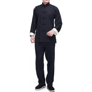 Men's Linen Kung Fu Suit Traditional Chinese Martial Art Uniform Long Sleeve Mandarin Jacket Pants Tai Chi Set Clothes Menswear Breathable Comfy Day Elastic Beige Black Plain Gamis