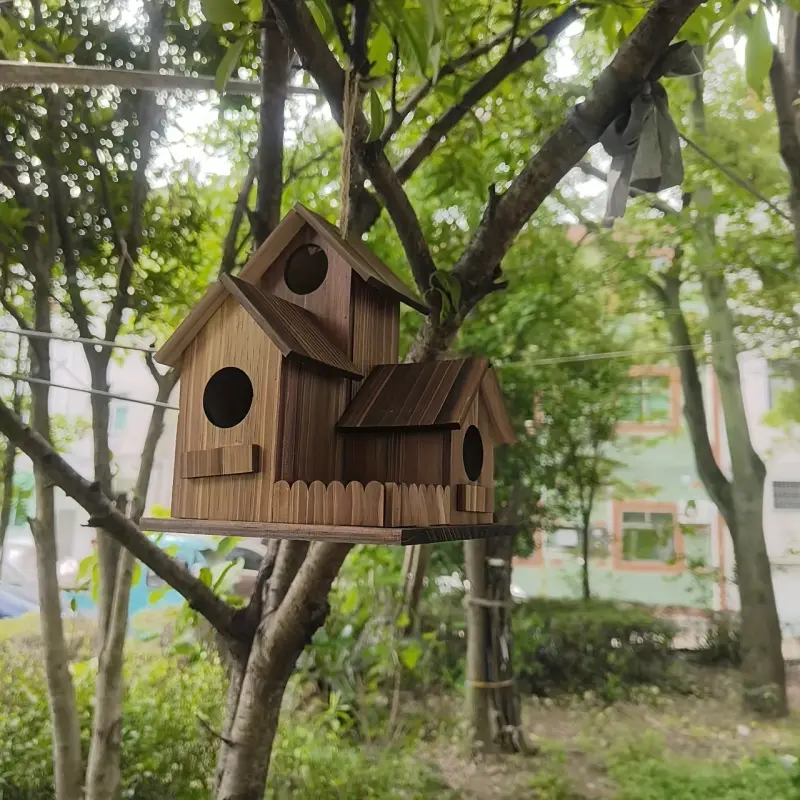 Hanging Bird Nest with Three Chambers, Natural Wood Construction, Spacious Interior for Bluebirds, Easy Chain Installation, Outdoor Garden Decor, Hanging Birdhouse, Bird Houses for Outside