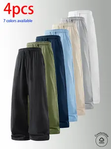 4-Pack  men’s pure cotton long pants: loose straight-leg casual pants, sweatpants, and pants with a drawstring waistband design. Available in multiple colors. Suitable for home lounging, daily commuting, outdoor walks, short trips, camping, and other ca