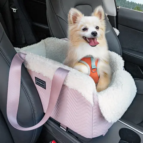 PETSFIT Luxury Leather Pet Console Car Seat - Cat & Dog Travel Accessory, Console Mount, Safe Hooks, Safety Leash, Storage Pocket, Adjustable Straps, Fabric Cushion, Machine Washable, Reduces Movement, All-Season, Portable for Pets Up to 11 lbs (Pink)