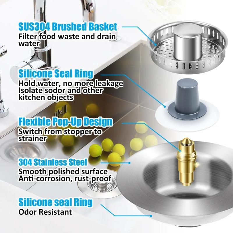 Stainless Steel Kitchen Sink Strainer 3-in-1 Deodorizing Anti-Clogging Basket Strainer for US 3-1/2 Inch Sink Drains